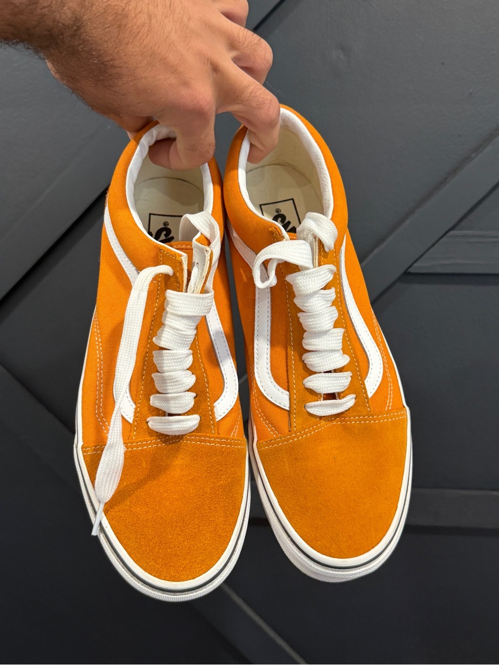 Vans Men’s Orange Mid-Top Canvas Sneakers with White Side Stripe - Picture 2 of 4